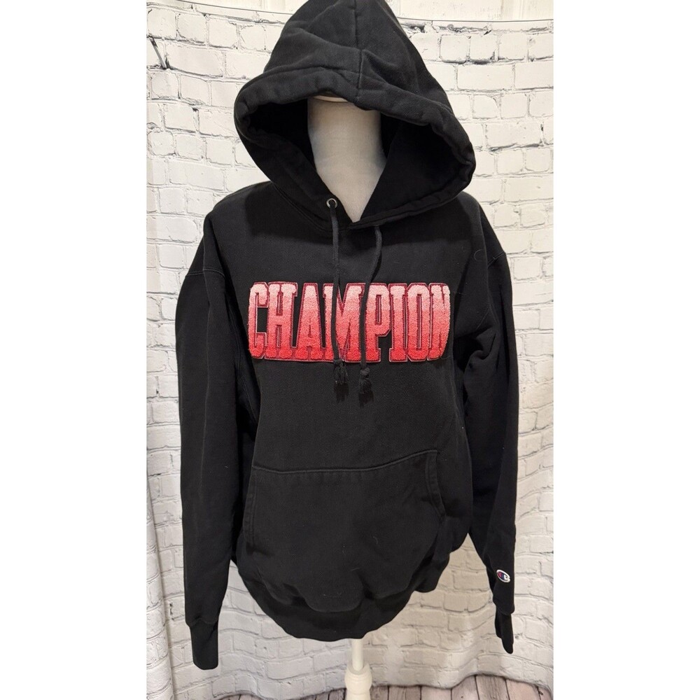 Champion Reverse Weave Hoodie Mens Black Red Logo Pullover Sweatshirt XL